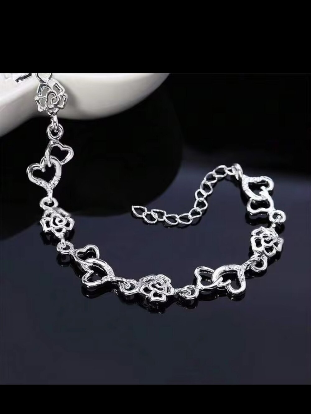 1pc 925 Sterling Silver 8in Charms Heart & Rose/flower Link Bracelet For Women. - Picture 6 of 12